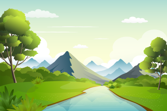 Riverside and Mountains Landscape Vector Art