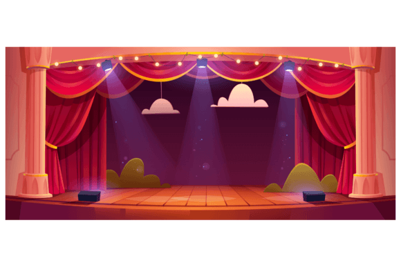 Theater Stage with Red Curtains and Spotlights